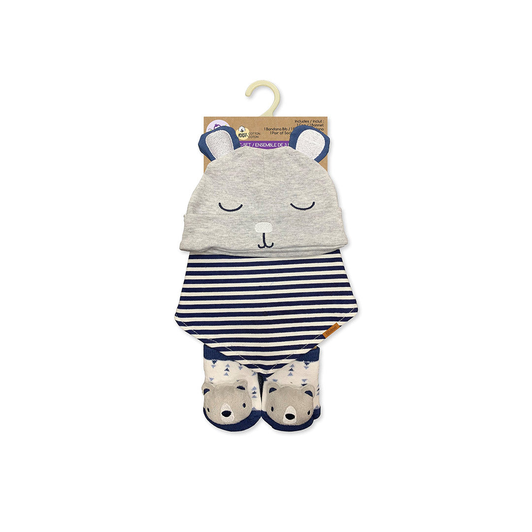 115457-05-ENSEMBLEDEBONNETBAVETTEETBAS06MOISOURSON-01-2455000032-Hat, bib & socks set 0-6 months teddy bear-Kids Socks | Accessories-Yellow-Yellow Shoes