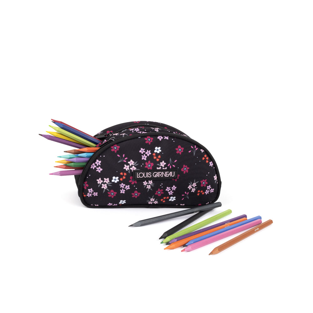Yellow Shoes | Kids Pencil Cases | Accessories | LOUIS GARNEAU I FLEURS  ETUI A CRAYONS DEMI-LUNE | 122302-98-LGFLORALETUIACRAYONS2COMPARTIMENTS-02-LOUIS GARNEAU | FLOWERS PENCIL CASE-Kids Pencil Cases | Accessories-LOUIS GARNEAU-Yellow Shoes