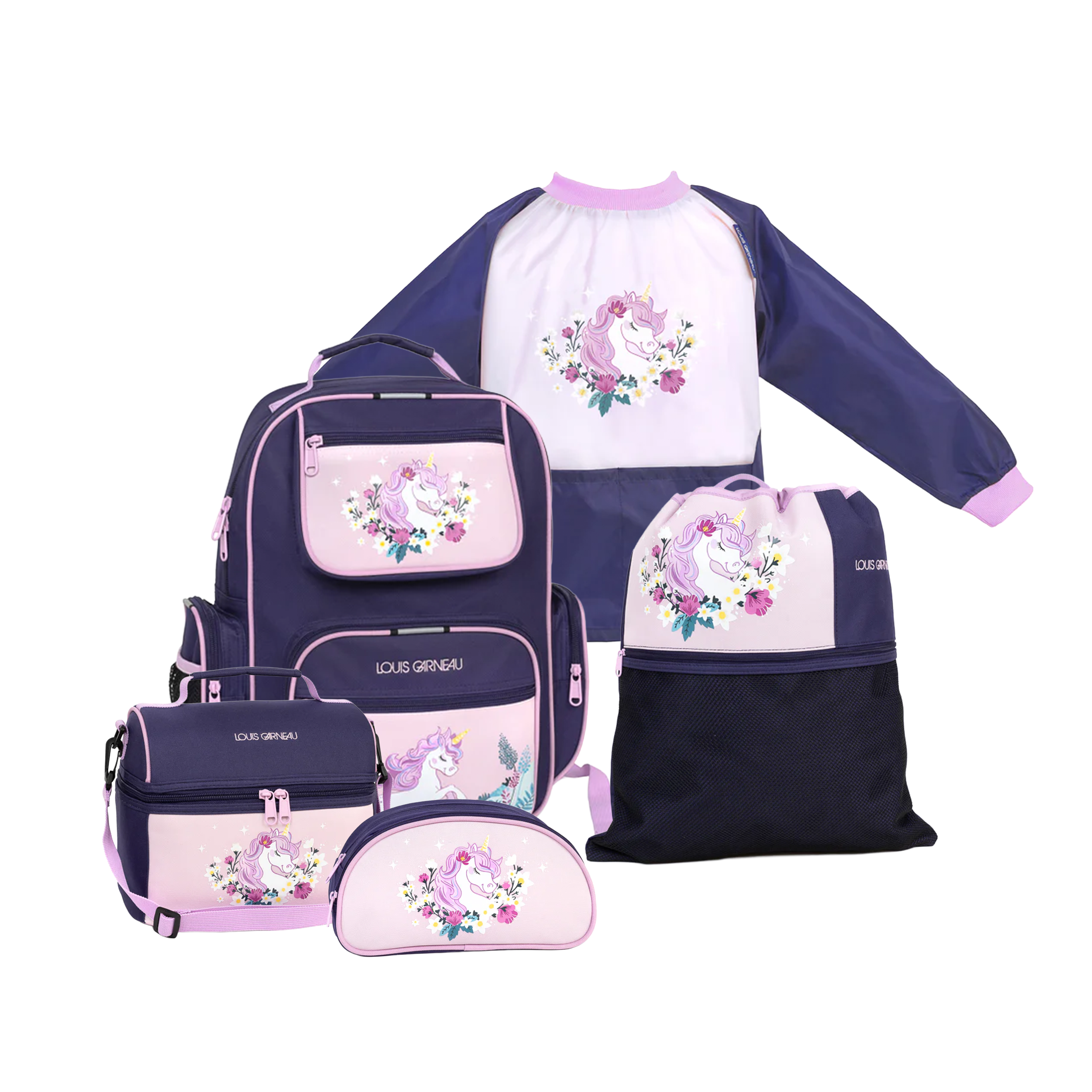 Set of children's bags with floral designs on a white background