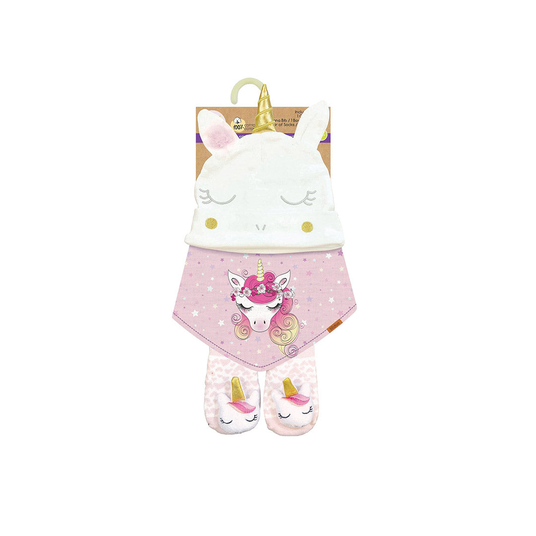 115451-68-ENSEMBLEDEBONNETBAVETTEBAS06MOISLICORNE-01-2454700032-Hat, bib & socks set 0-6 months unicorn-Kids Socks | Accessories-Yellow-Yellow Shoes