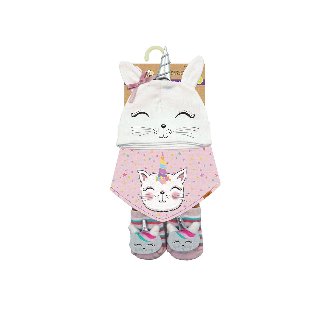 115452-68-ENSEMBLEDEBONNETBAVETTEETBAS06MOISCHAT-01-2454800032-Hat, bib & socks set 0-6 months cat-Kids Socks | Accessories-Yellow-Yellow Shoes